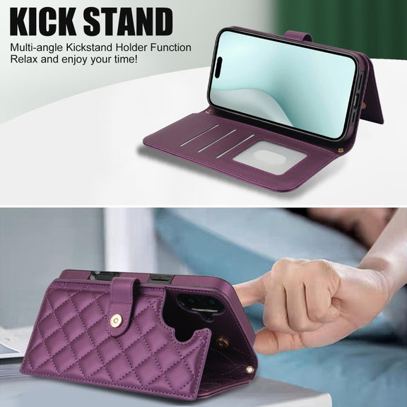For iPhone 16 Plus Crossbody Multifunction Rhombic Leather Phone Case(Dark Purple)