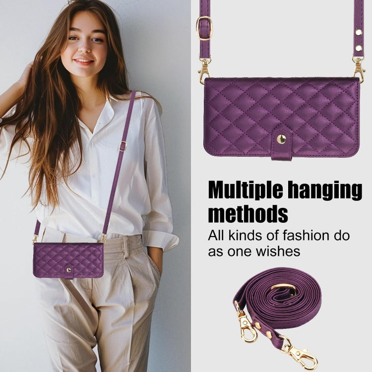 For iPhone 16 Plus Crossbody Multifunction Rhombic Leather Phone Case(Dark Purple)