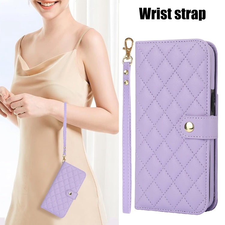 For iPhone 16 Plus Crossbody Multifunction Rhombic Leather Phone Case(Purple)