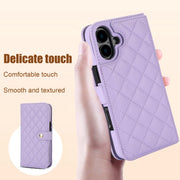 For iPhone 16 Plus Crossbody Multifunction Rhombic Leather Phone Case(Purple)