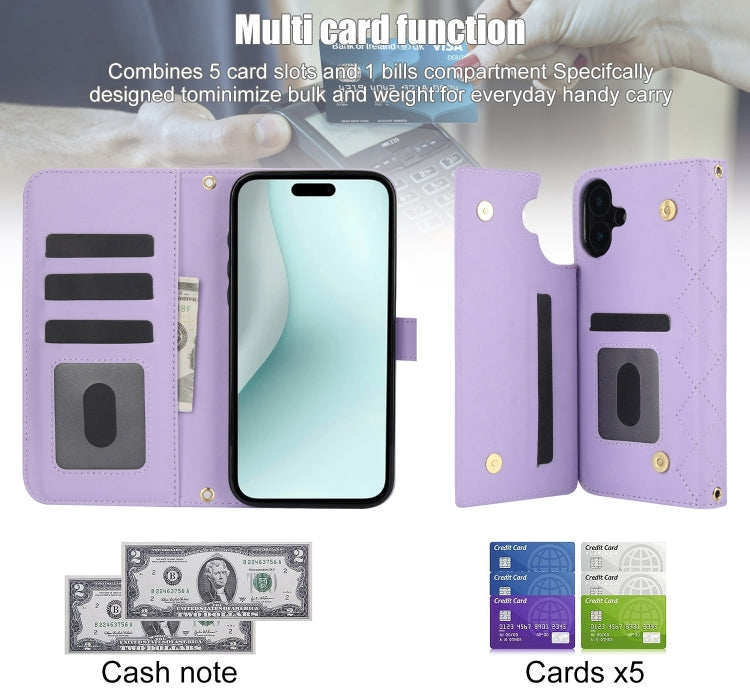 For iPhone 16 Plus Crossbody Multifunction Rhombic Leather Phone Case(Purple)