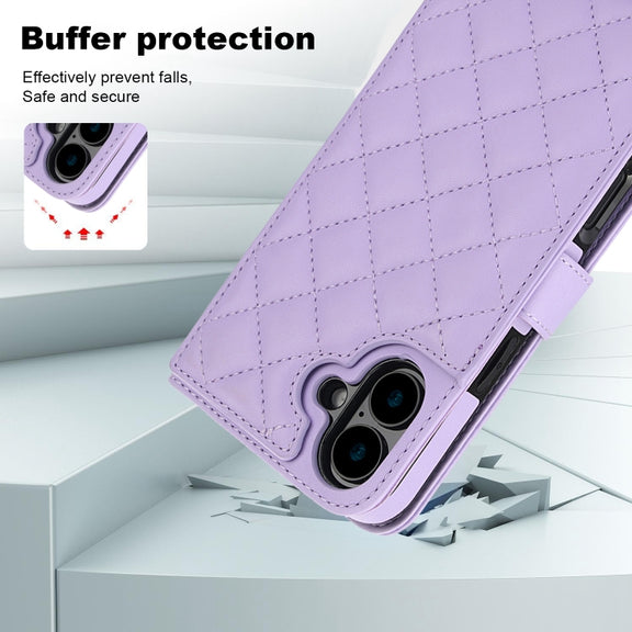 For iPhone 16 Plus Crossbody Multifunction Rhombic Leather Phone Case(Purple)