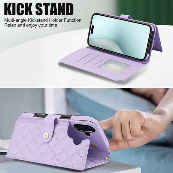 For iPhone 16 Plus Crossbody Multifunction Rhombic Leather Phone Case(Purple)