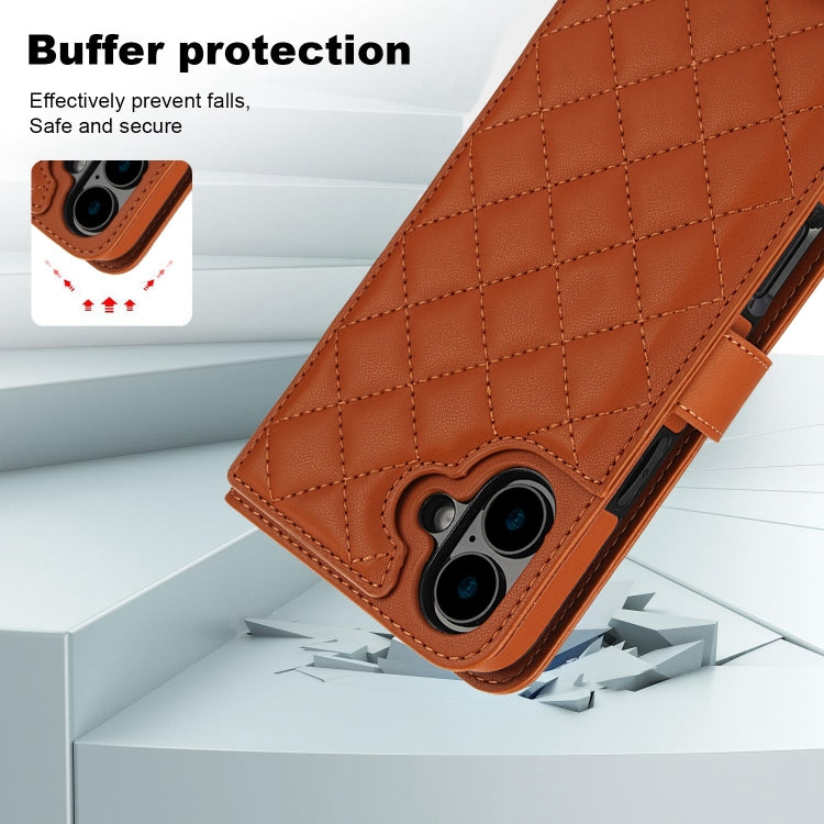 For iPhone 16 Plus Crossbody Multifunction Rhombic Leather Phone Case(Brown)