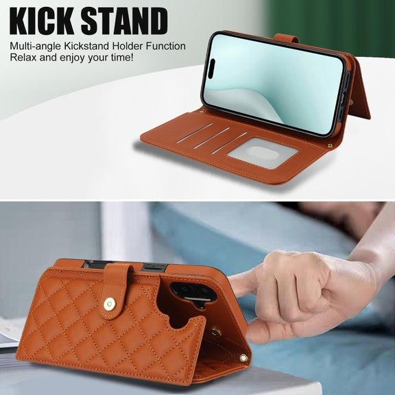 For iPhone 16 Plus Crossbody Multifunction Rhombic Leather Phone Case(Brown)