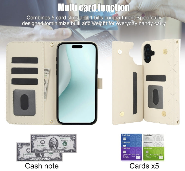 For iPhone 16 Crossbody Multifunction Rhombic Leather Phone Case(White)