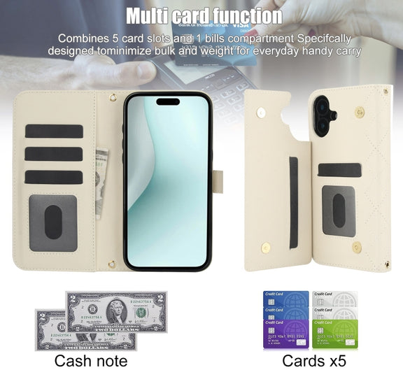 For iPhone 16 Crossbody Multifunction Rhombic Leather Phone Case(White)