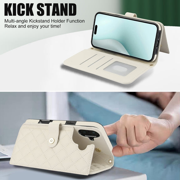 For iPhone 16 Crossbody Multifunction Rhombic Leather Phone Case(White)