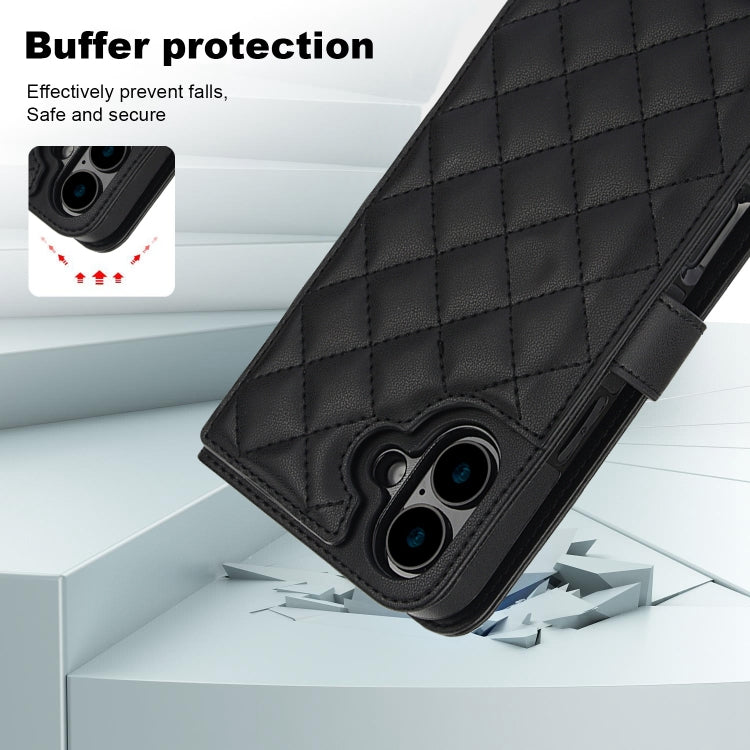 For iPhone 16 Crossbody Multifunction Rhombic Leather Phone Case(Black)