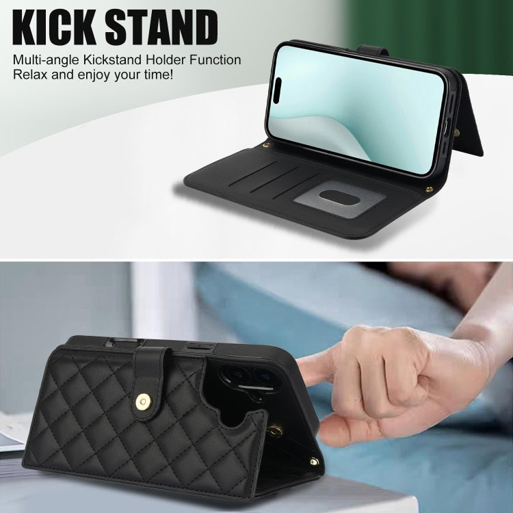 For iPhone 16 Crossbody Multifunction Rhombic Leather Phone Case(Black)