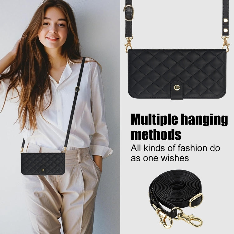 For iPhone 16 Crossbody Multifunction Rhombic Leather Phone Case(Black)