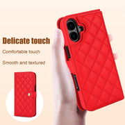 For iPhone 16 Crossbody Multifunction Rhombic Leather Phone Case(Red)