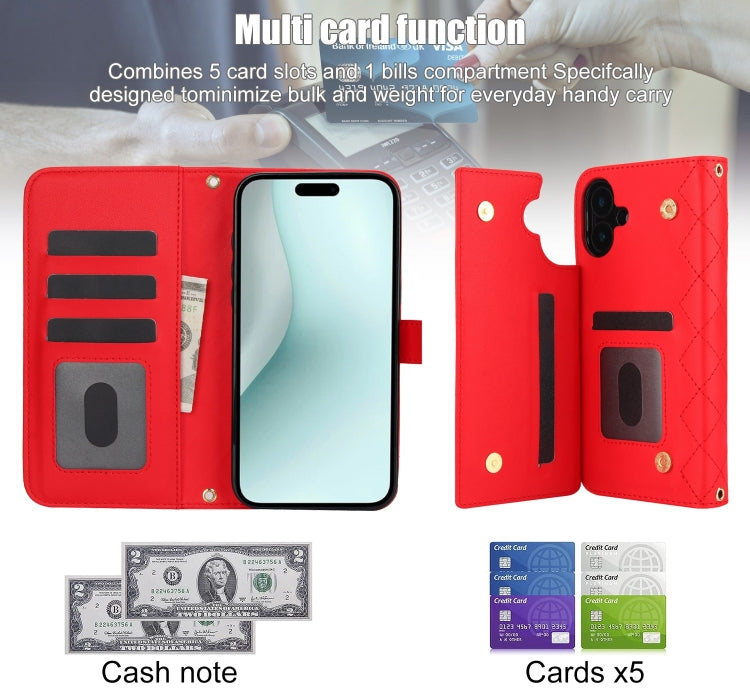 For iPhone 16 Crossbody Multifunction Rhombic Leather Phone Case(Red)
