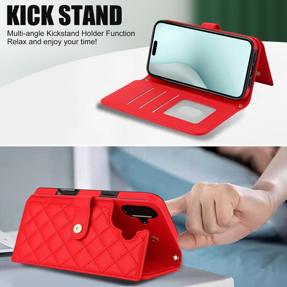 For iPhone 16 Crossbody Multifunction Rhombic Leather Phone Case(Red)