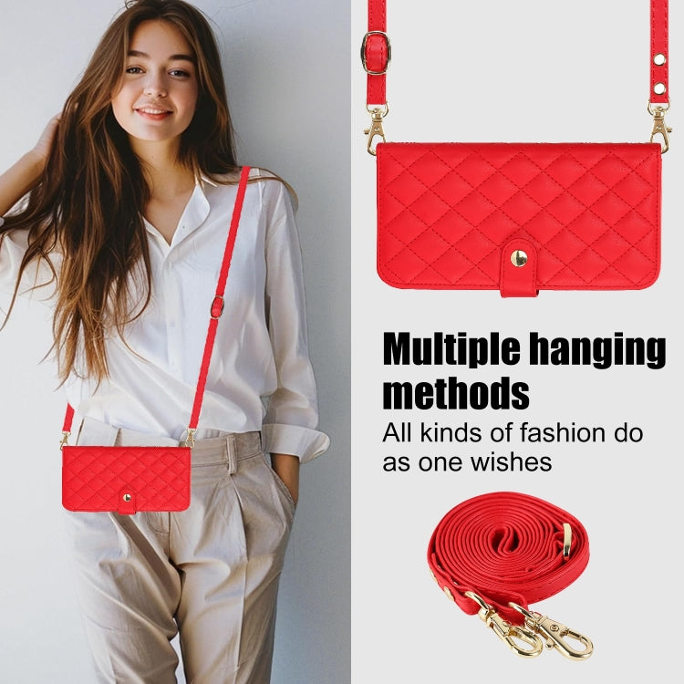 For iPhone 16 Crossbody Multifunction Rhombic Leather Phone Case(Red)