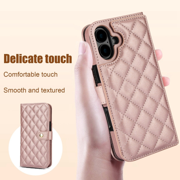 For iPhone 16 Crossbody Multifunction Rhombic Leather Phone Case(Rose Gold)