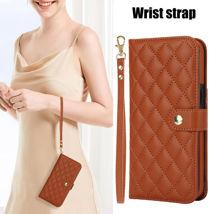 For iPhone 16 Crossbody Multifunction Rhombic Leather Phone Case(Brown)