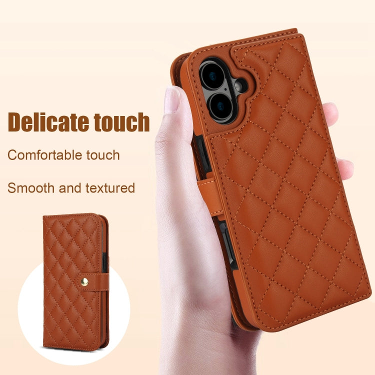 For iPhone 16 Crossbody Multifunction Rhombic Leather Phone Case(Brown)