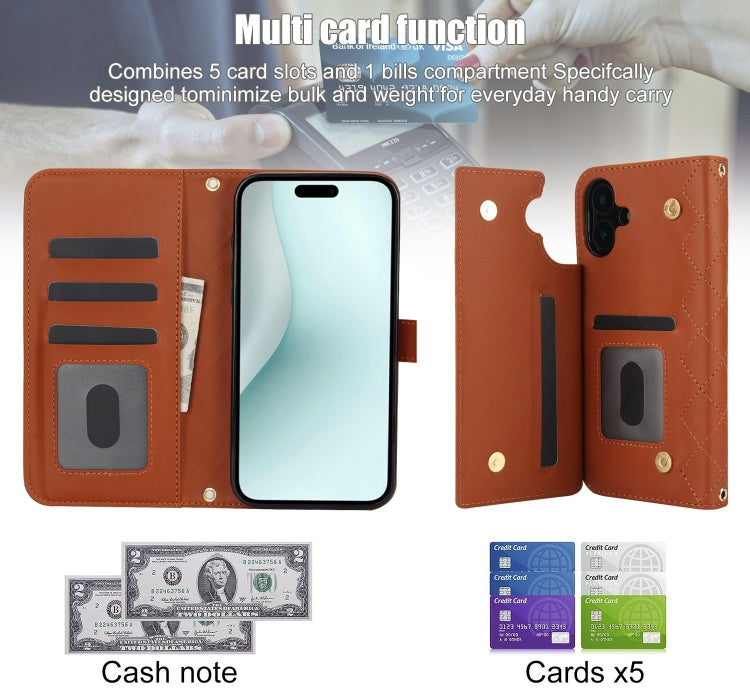 For iPhone 16 Crossbody Multifunction Rhombic Leather Phone Case(Brown)