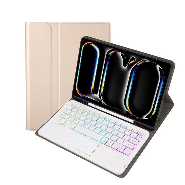 For iPad Pro 11 2024 A13B-AS Lambskin Texture Backlight Bluetooth Touch Keyboard Leather Tablet Case with Pen Slot(Gold)