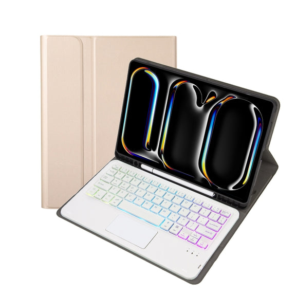 For iPad Pro 11 2024 A13B-AS Lambskin Texture Backlight Bluetooth Touch Keyboard Leather Tablet Case with Pen Slot(Gold)