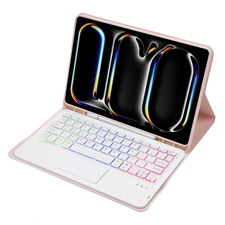 For iPad Pro 11 2024 A13B-AS Lambskin Texture Backlight Bluetooth Touch Keyboard Leather Tablet Case with Pen Slot(Pink)