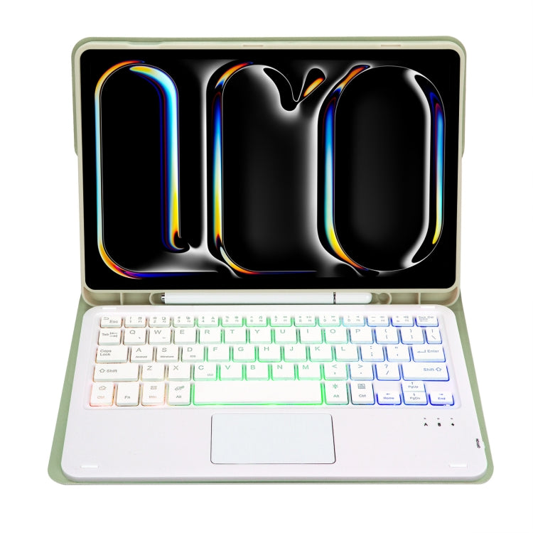 For iPad Pro 11 2024 A13B-AS Lambskin Texture Backlight Bluetooth Touch Keyboard Leather Tablet Case with Pen Slot(Light Green)