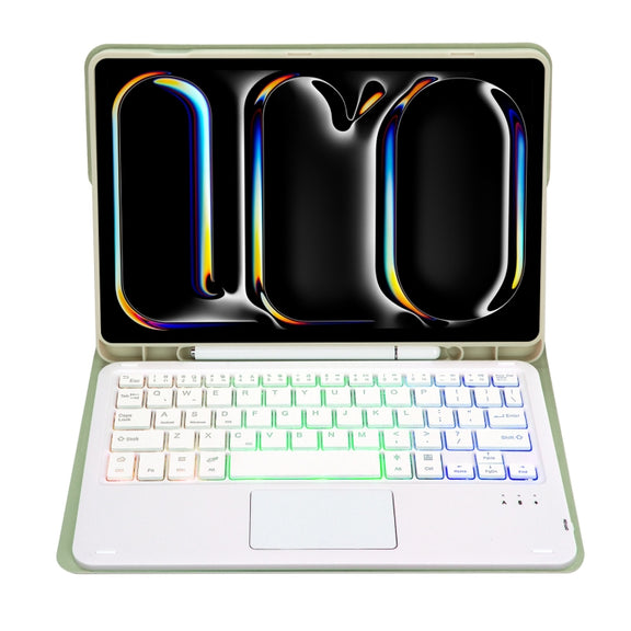 For iPad Pro 11 2024 A13B-AS Lambskin Texture Backlight Bluetooth Touch Keyboard Leather Tablet Case with Pen Slot(Light Green)
