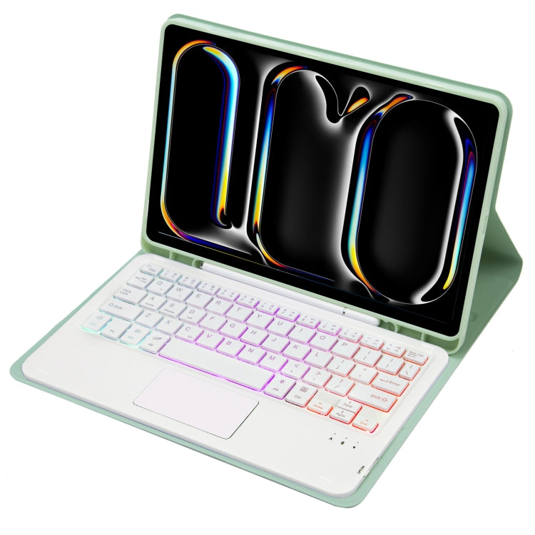 For iPad Pro 11 2024 A13B-AS Lambskin Texture Backlight Bluetooth Touch Keyboard Leather Tablet Case with Pen Slot(Light Green)