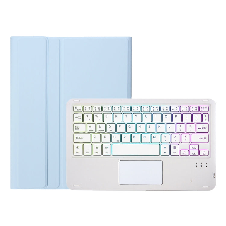 For iPad Pro 11 2024 A13B-AS Lambskin Texture Backlight Bluetooth Touch Keyboard Leather Tablet Case with Pen Slot(Light Blue)