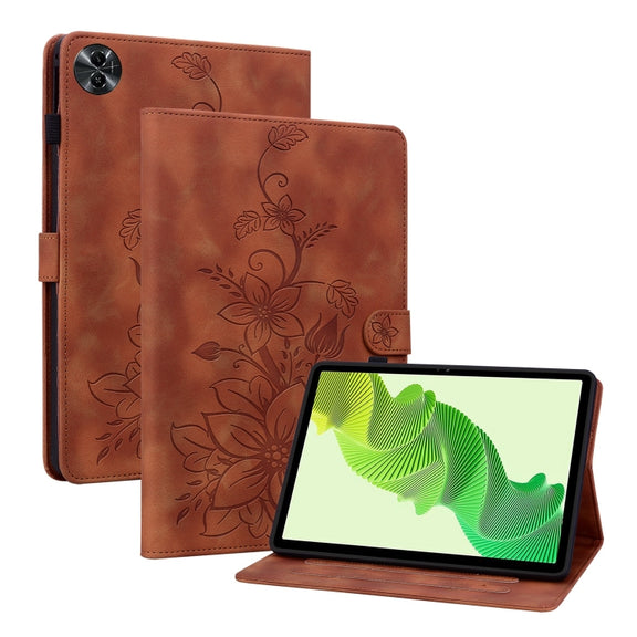 For Realme Pad 2 11.5 Lily Embossed Leather Tablet Case(Brown)