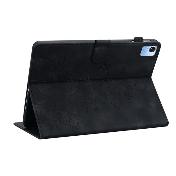 For Realme Pad X Lily Embossed Leather Tablet Case(Black)