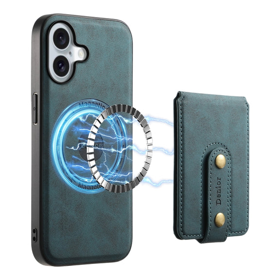 For iPhone 16 Denior D14 NK Retro Pattern MagSafe Magnetic Card Holder Leather Phone Case(Blue)