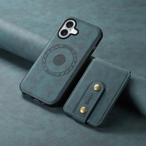 For iPhone 16 Plus Denior D14 NK Retro Pattern MagSafe Magnetic Card Holder Leather Phone Case(Blue)