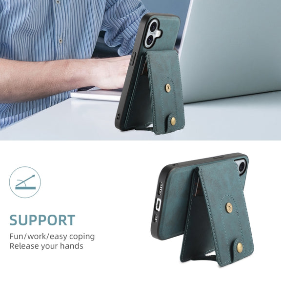 For iPhone 16 Plus Denior D14 NK Retro Pattern MagSafe Magnetic Card Holder Leather Phone Case(Blue)