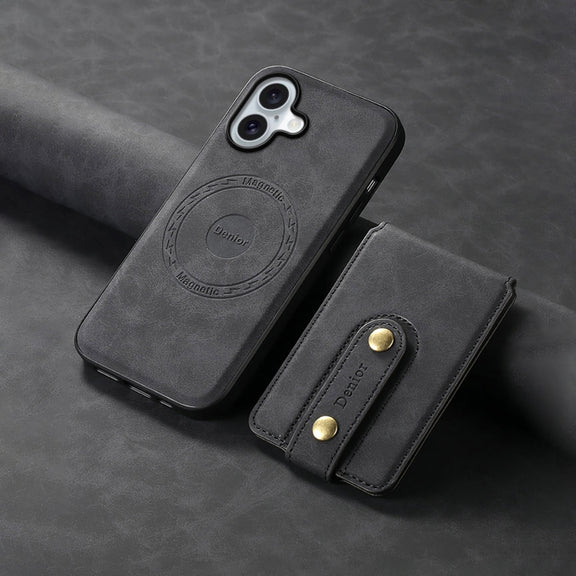 For iPhone 16 Plus Denior D14 NK Retro Pattern MagSafe Magnetic Card Holder Leather Phone Case(Black)