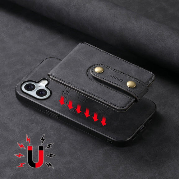 For iPhone 16 Plus Denior D14 NK Retro Pattern MagSafe Magnetic Card Holder Leather Phone Case(Black)