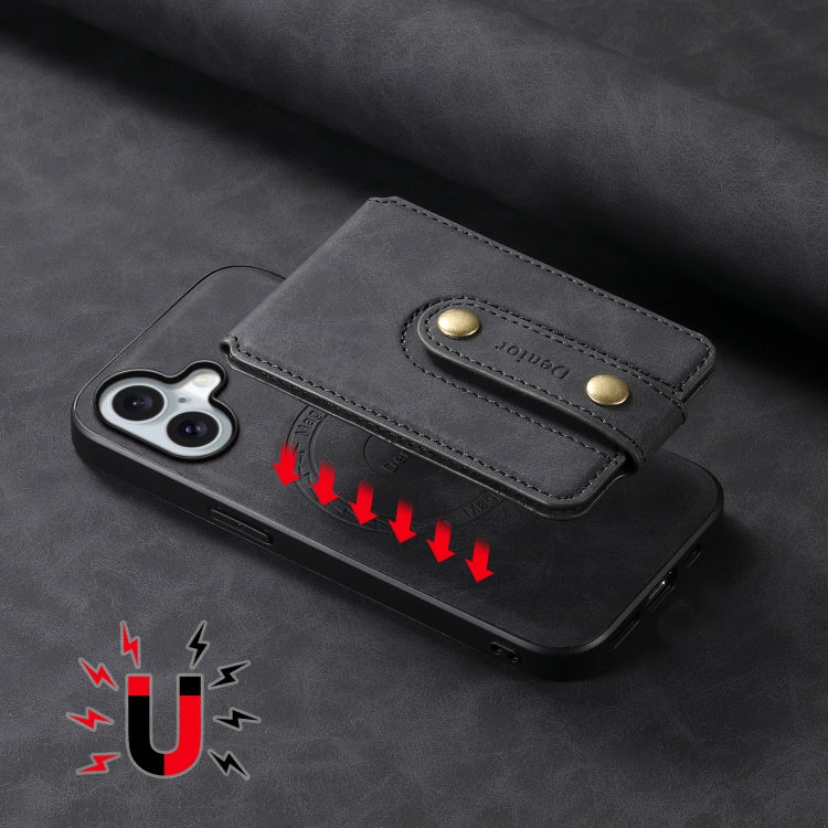 For iPhone 16 Plus Denior D14 NK Retro Pattern MagSafe Magnetic Card Holder Leather Phone Case(Black)