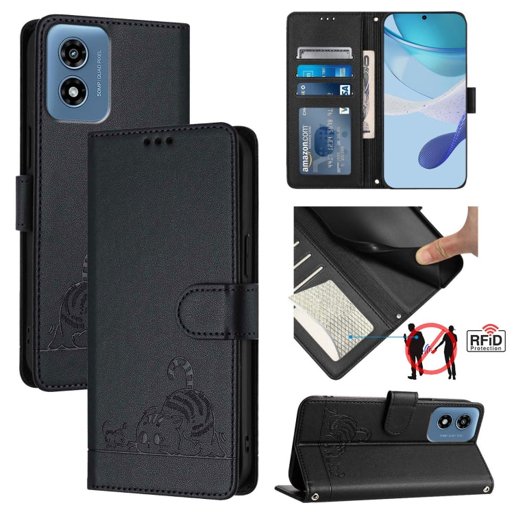For Motorola Moto G Play 4G 2024 Global Cat Rat Embossed Pattern RFID Leather Phone Case with Lanyard(Black)