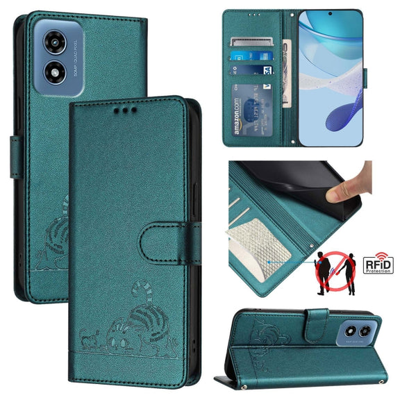 For Motorola Moto G Play 4G 2024 Global Cat Rat Embossed Pattern RFID Leather Phone Case with Lanyard(Peacock Green)