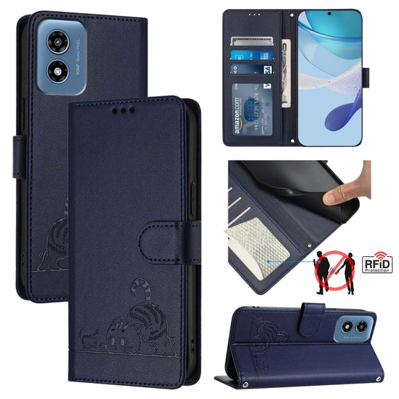 For Motorola Moto G Play 5G 2024 Global Cat Rat Embossed Pattern RFID Leather Phone Case with Lanyard(Blue)