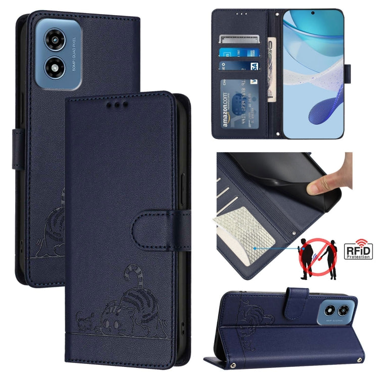 For Motorola Moto G 5G 2024 Global Cat Rat Embossed Pattern RFID Leather Phone Case with Lanyard(Blue)