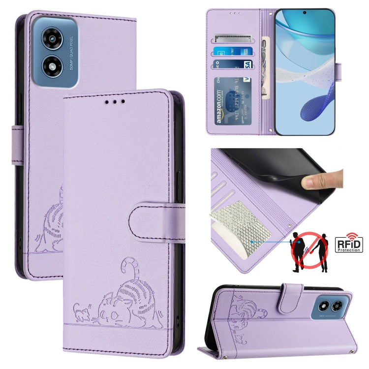 For Motorola Moto G 5G 2024 Global Cat Rat Embossed Pattern RFID Leather Phone Case with Lanyard(Purple)