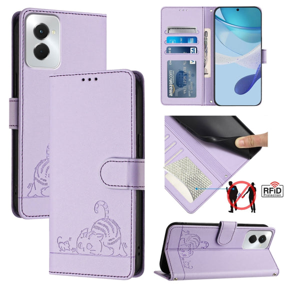 For Motorola Moto G Power 5G 2024 Cat Rat Embossed Pattern RFID Leather Phone Case with Lanyard(Purple)