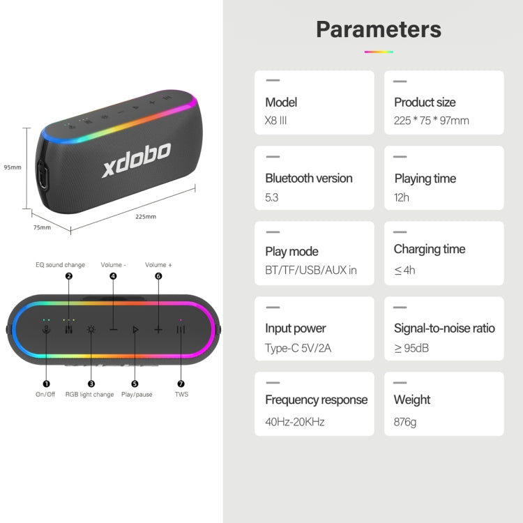 Xdobo X8 III BT5.3 IPX7 Wireless Speaker with RGB Light, Support Bluetooth/TF Card/USB/AUX(Grey)