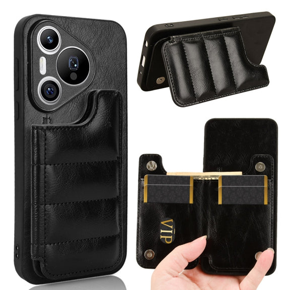 For Huawei Pura 70 Cow Pattern Sewing Card Bag Phone Case(Black)