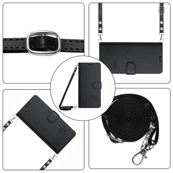 For Honor Magic6 Pro 5G Global Cat Rat Embossed Pattern RFID Leather Phone Case with Lanyard(Black)