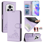 For Honor Magic6 Pro 5G Global Cat Rat Embossed Pattern RFID Leather Phone Case with Lanyard(Purple)