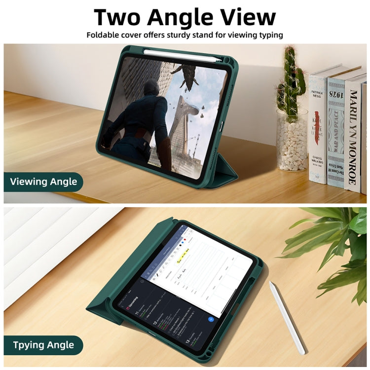 For iPad Air 11 2024 3-fold TPU Smart Leather Tablet Case with Pen Slot(Dark Green)