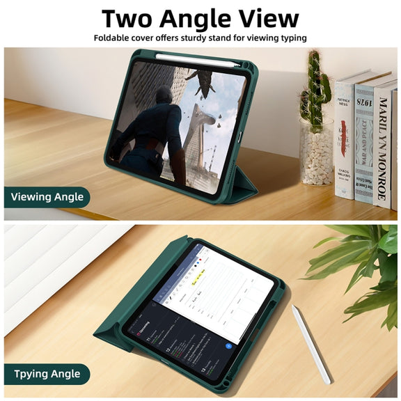 For iPad Air 11 2024 3-fold TPU Smart Leather Tablet Case with Pen Slot(Dark Green)